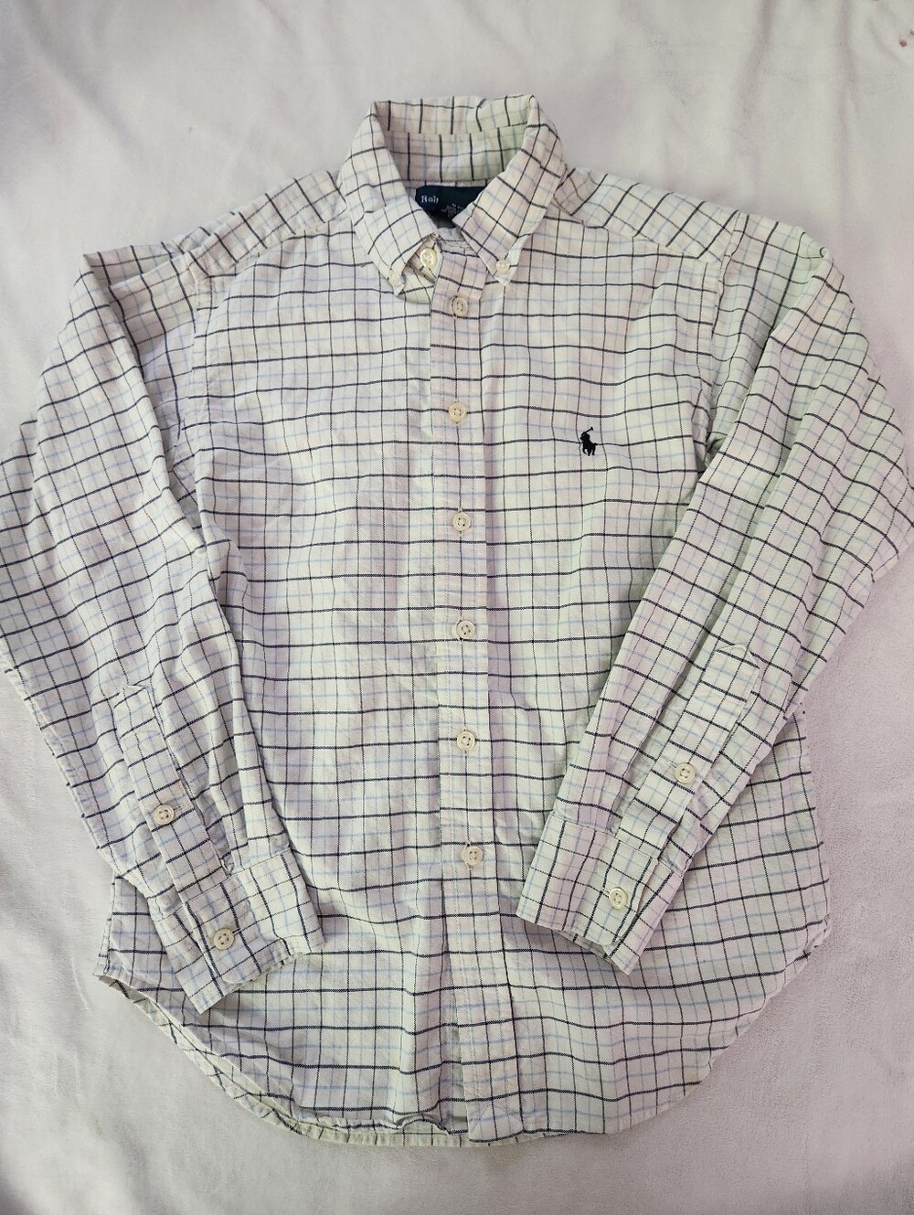 Ralph Lauren Polo White Button-Down Shirt with Navy Grid Checkered